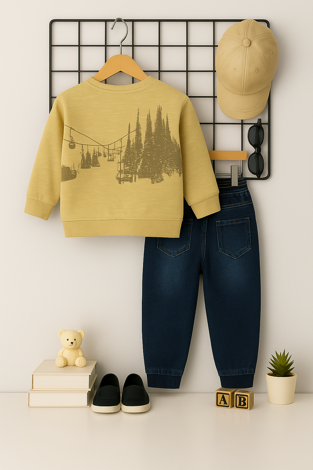 2Pcs Mustard Yellow Cute Bear Snowboarding Sporty printed Tshirt Jeans set for boys