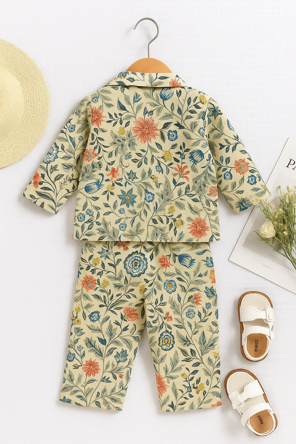 3 Pcs Creamy White Floral Print Coat with Tank Top and Palazzo Pants set with one button stylish overcoat for girls