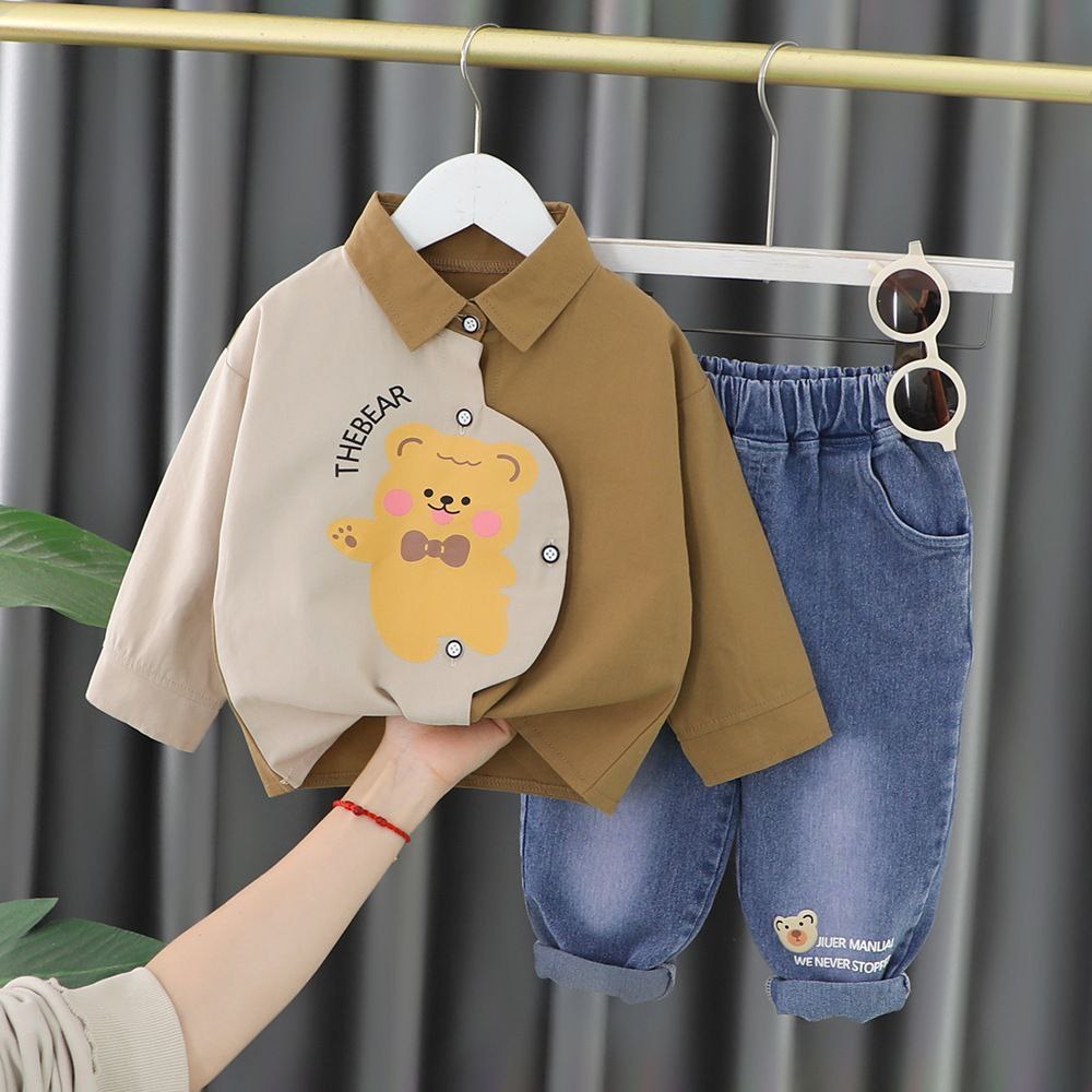 2pcs Baby Boy Long-sleeve The Bear Print Button Up stylish Shirt and Denim Set