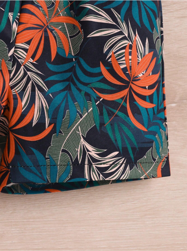 2pcs Baby Boy Short-sleeve All Over Jungle Print Button Up Blue Shirt and Solid Shorts Set