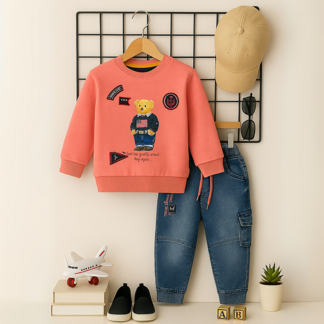 2Pcs Boy/Girl Pink Cute Bear printed Tshirt Jeans set