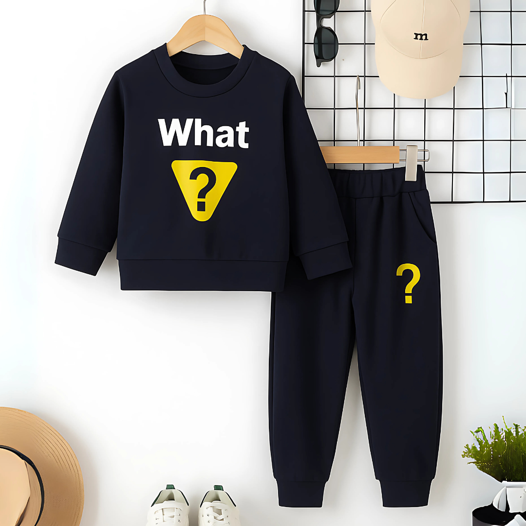 2Pcs Dark Blue printed cute What Hoodie Co-Ord Set