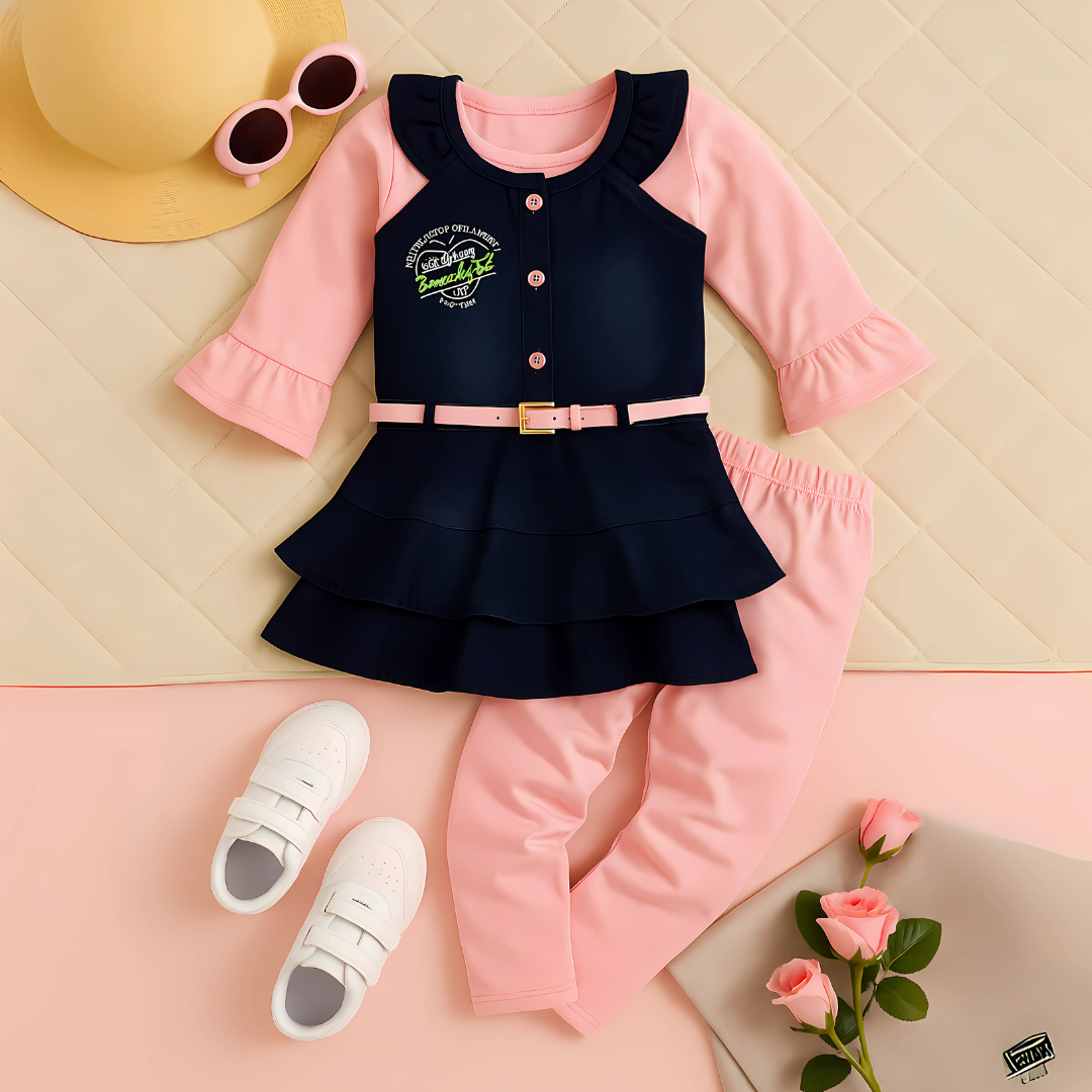 3 Pc Denim Beautiful Dress with Pink Tshirt leggings and belt set for girls