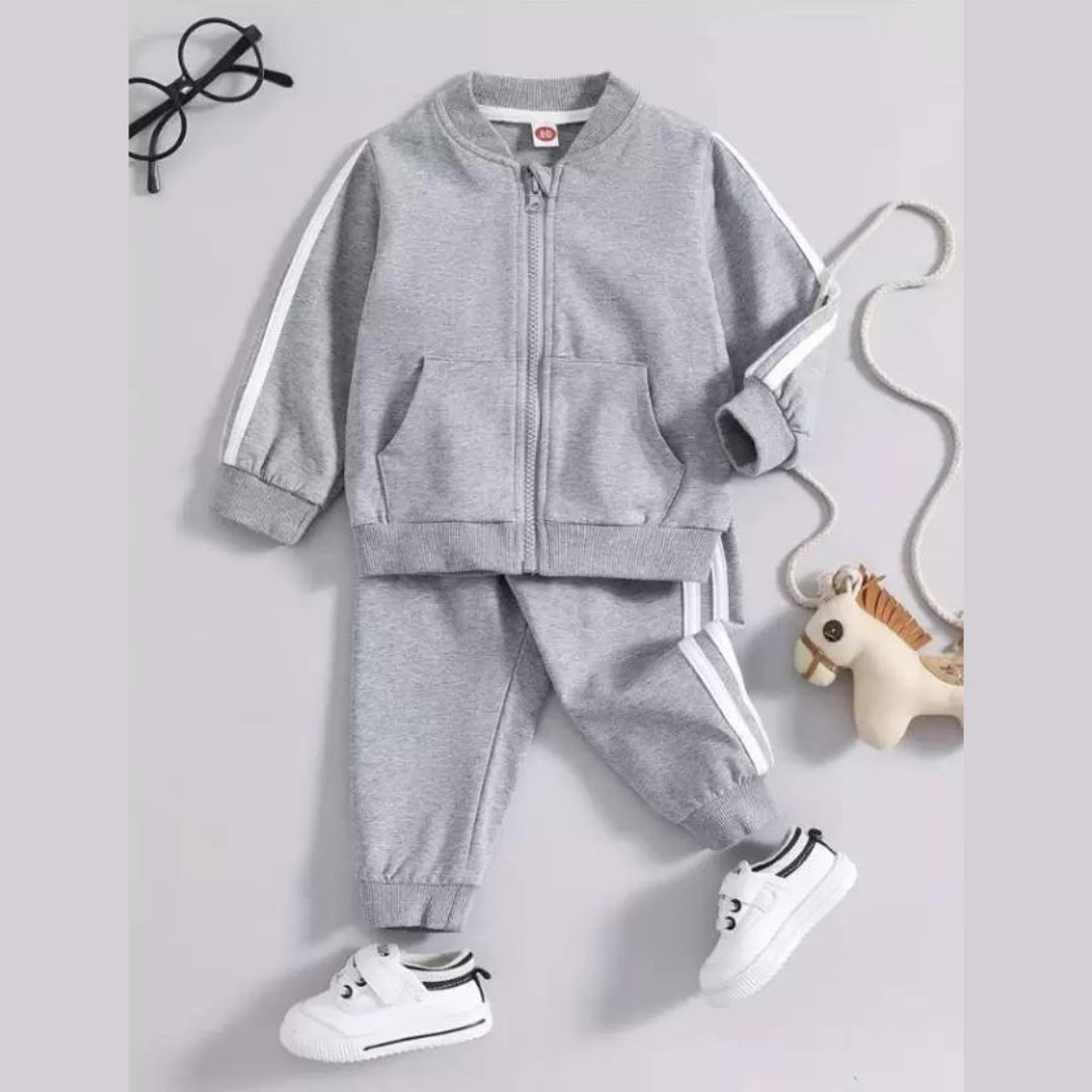 2pc Kid Boy/Girl Textured Single Color Striped Zipper Bomber Jacket and joggers Casual Set