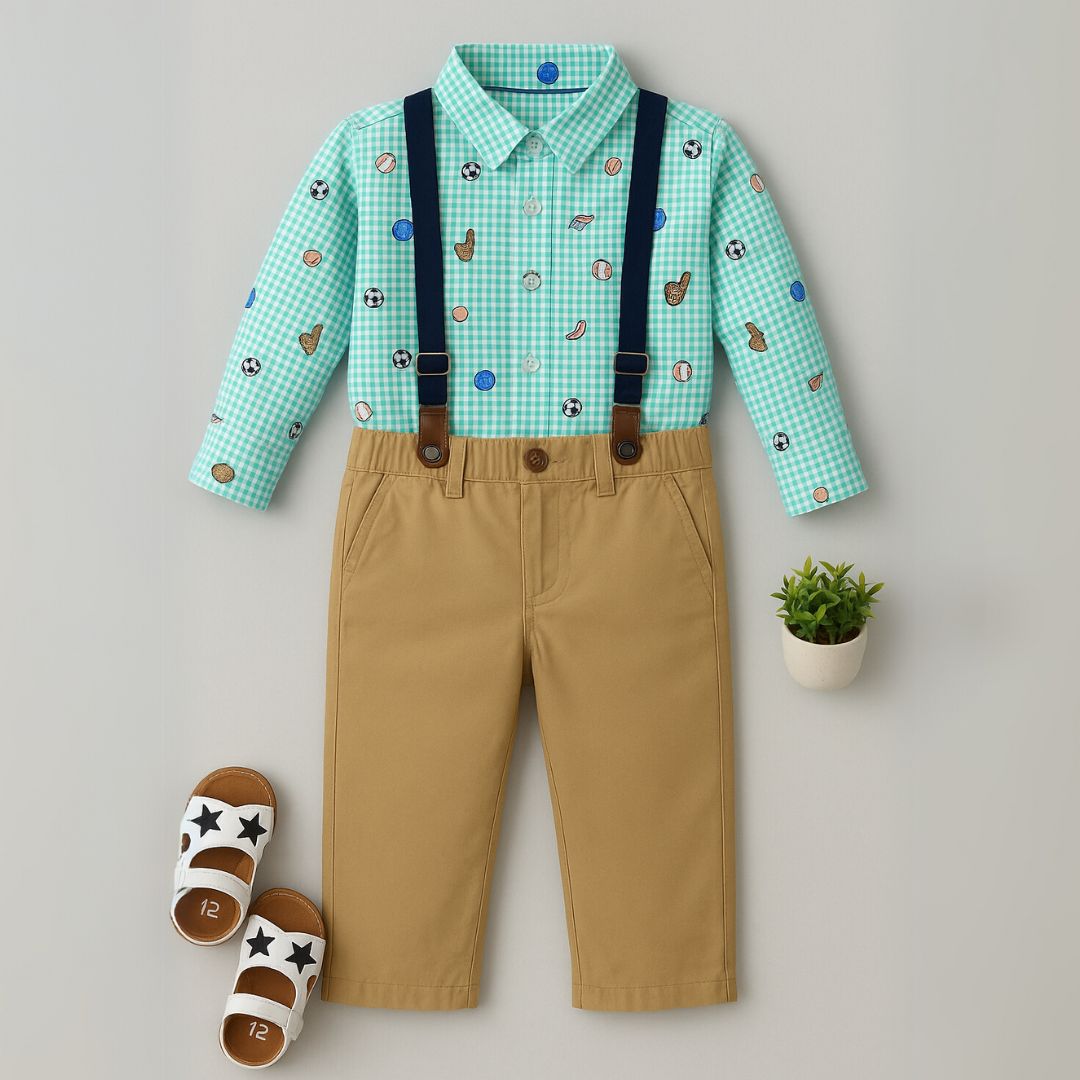 2Pcs Green suspender set with sports print shirt and pant for boys