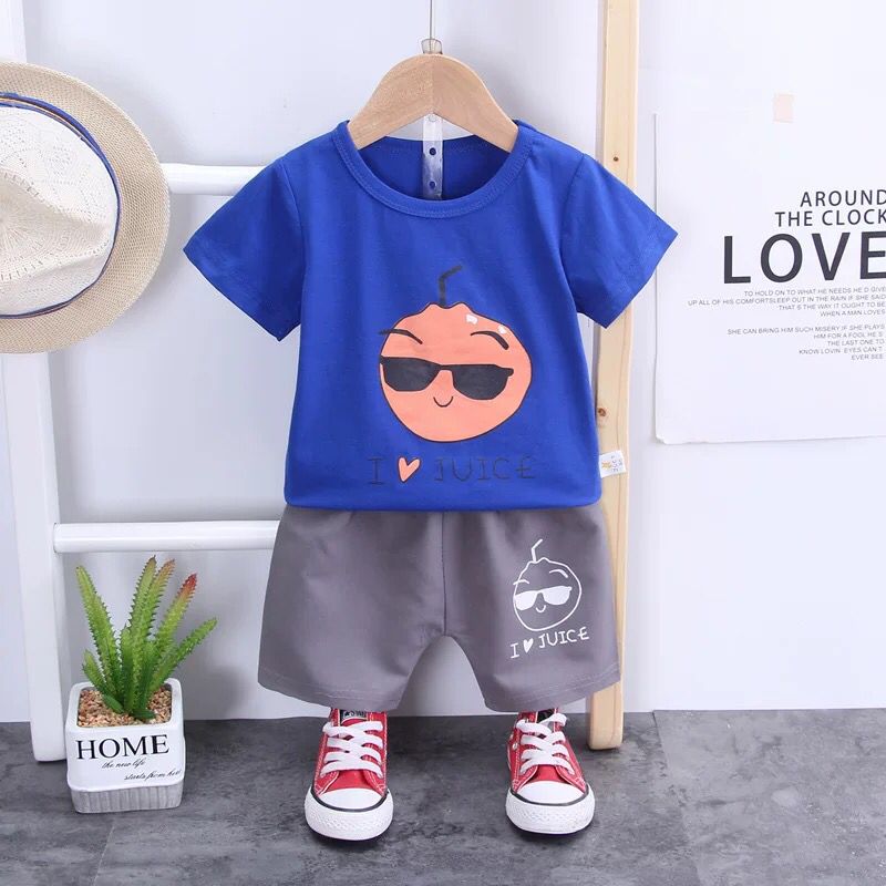 2pcs Toddler Boy Casual I Love Juice Print Blue Round Neck Tee & Matching Grey Shorts Set