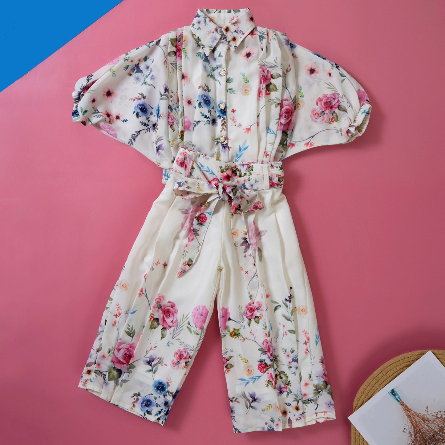 3 piece Creamy White Floral Print Top and Palazzo Pants set with stylish belt for girls