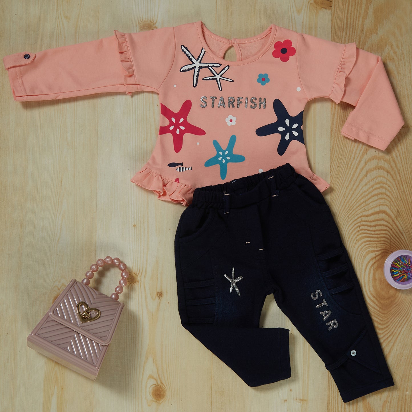 Peach Cute Starfish Dress and Star leggings set for girls