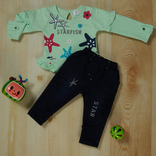 Green Cute Starfish Dress and Star leggings set for girls