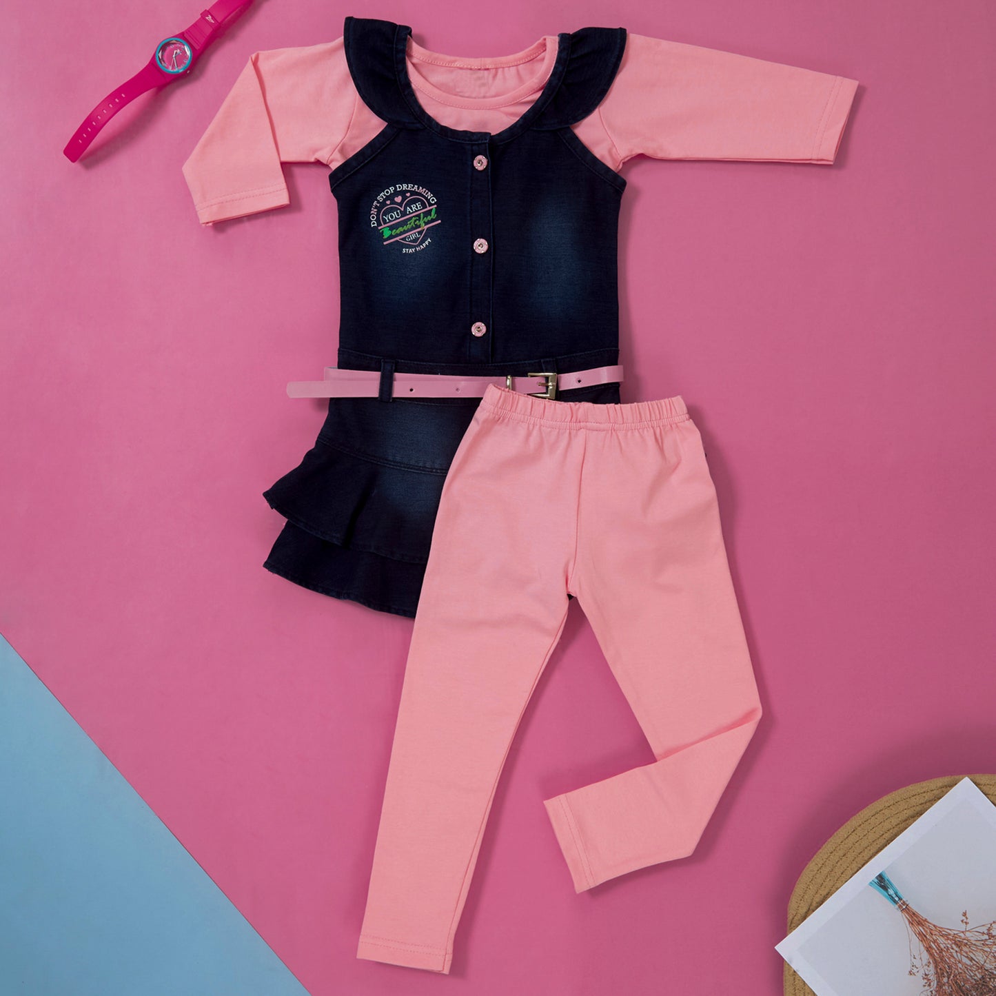 Denim Beautiful Dress with Pink Tshirt leggings and belt set for girls