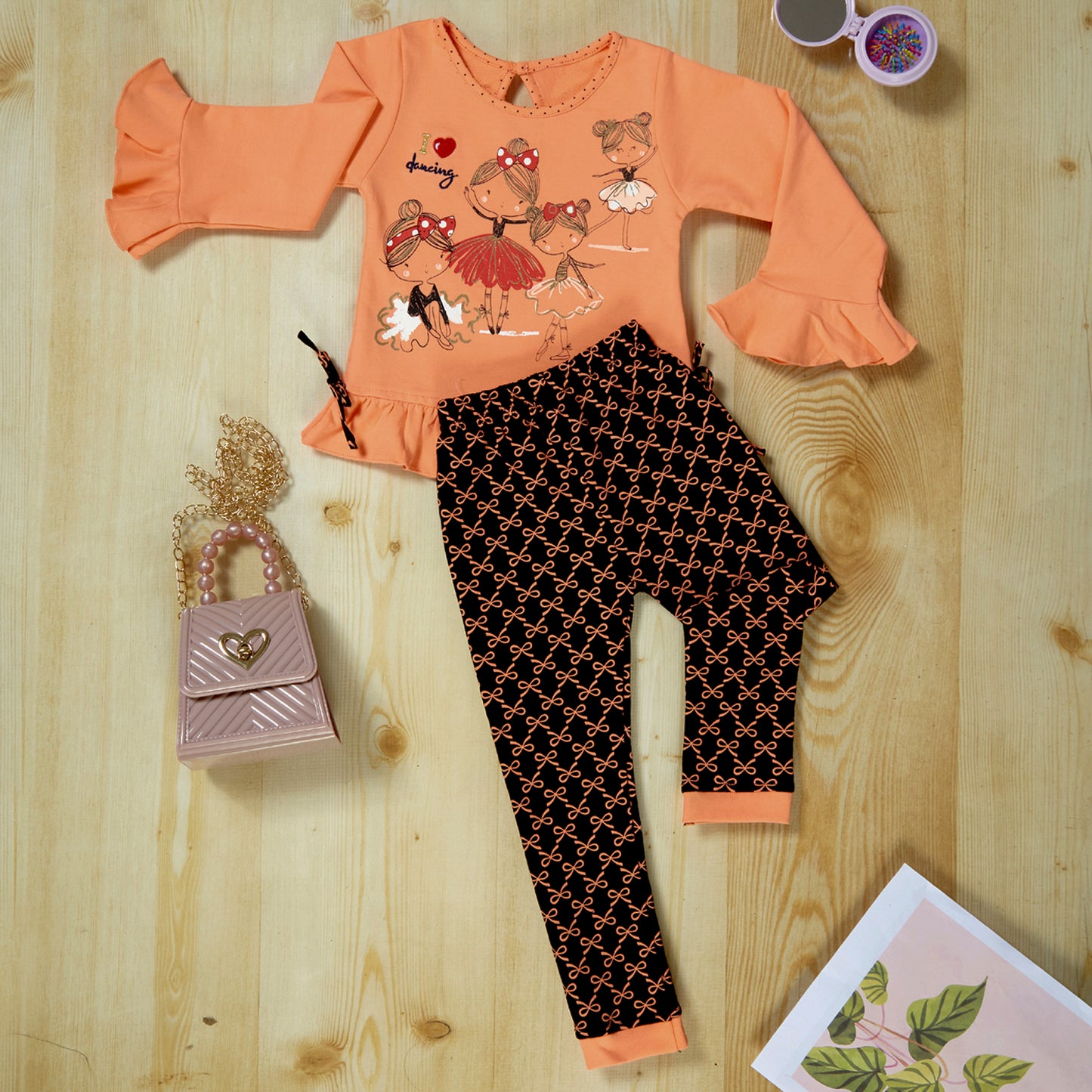 Peach Full Sleeve I love Dancing Tshirt and Printed Leggings Set for girls