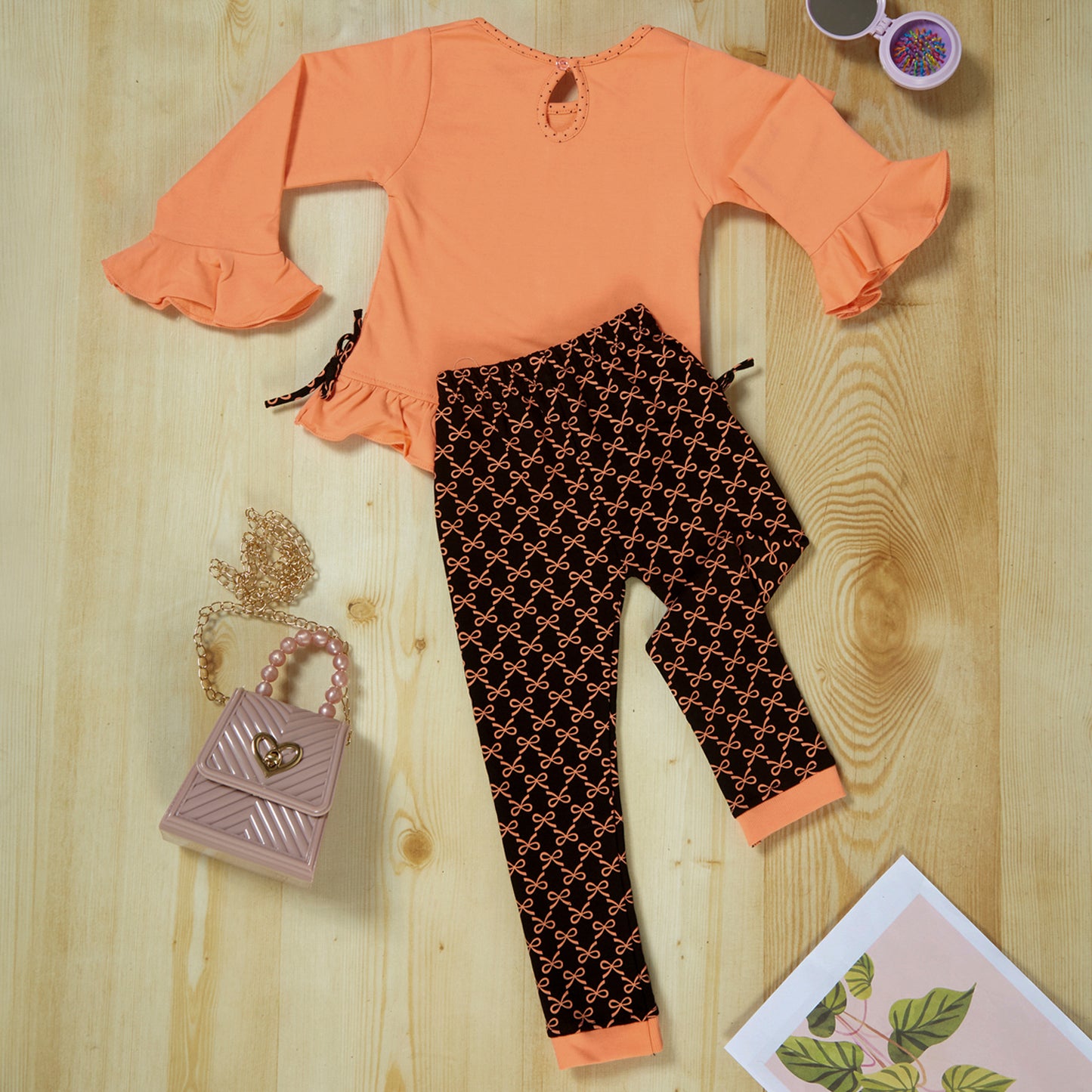 Peach Full Sleeve I love Dancing Tshirt and Printed Leggings Set for girls