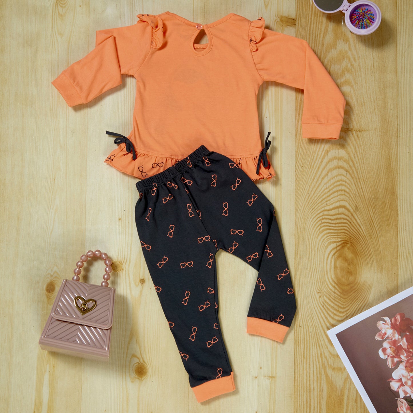 Peach Full Sleeve Fashion Blogger Tshirt and Printed leggings set for girls