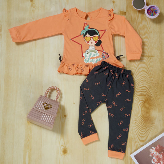 Peach Full Sleeve Fashion Blogger Tshirt and Printed leggings set for girls