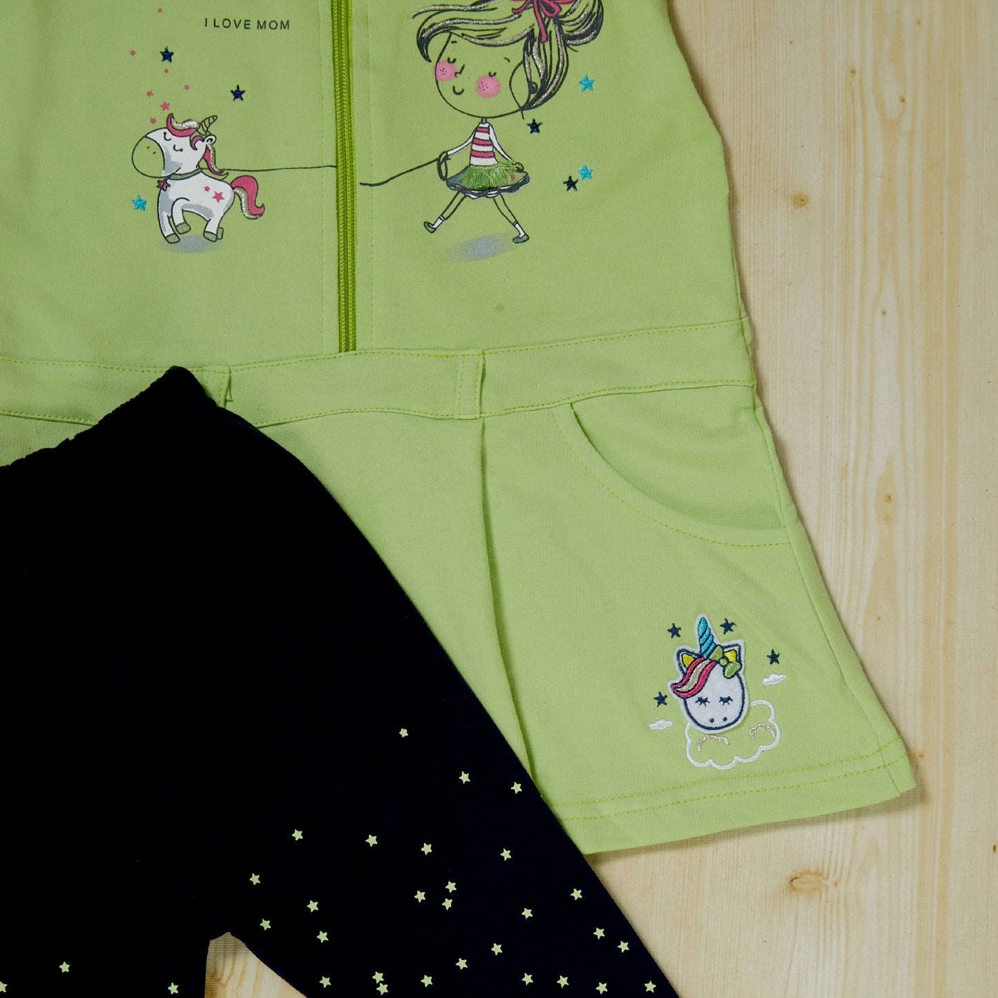 Green Cute Magic Dress and Stars design leggings set for girls