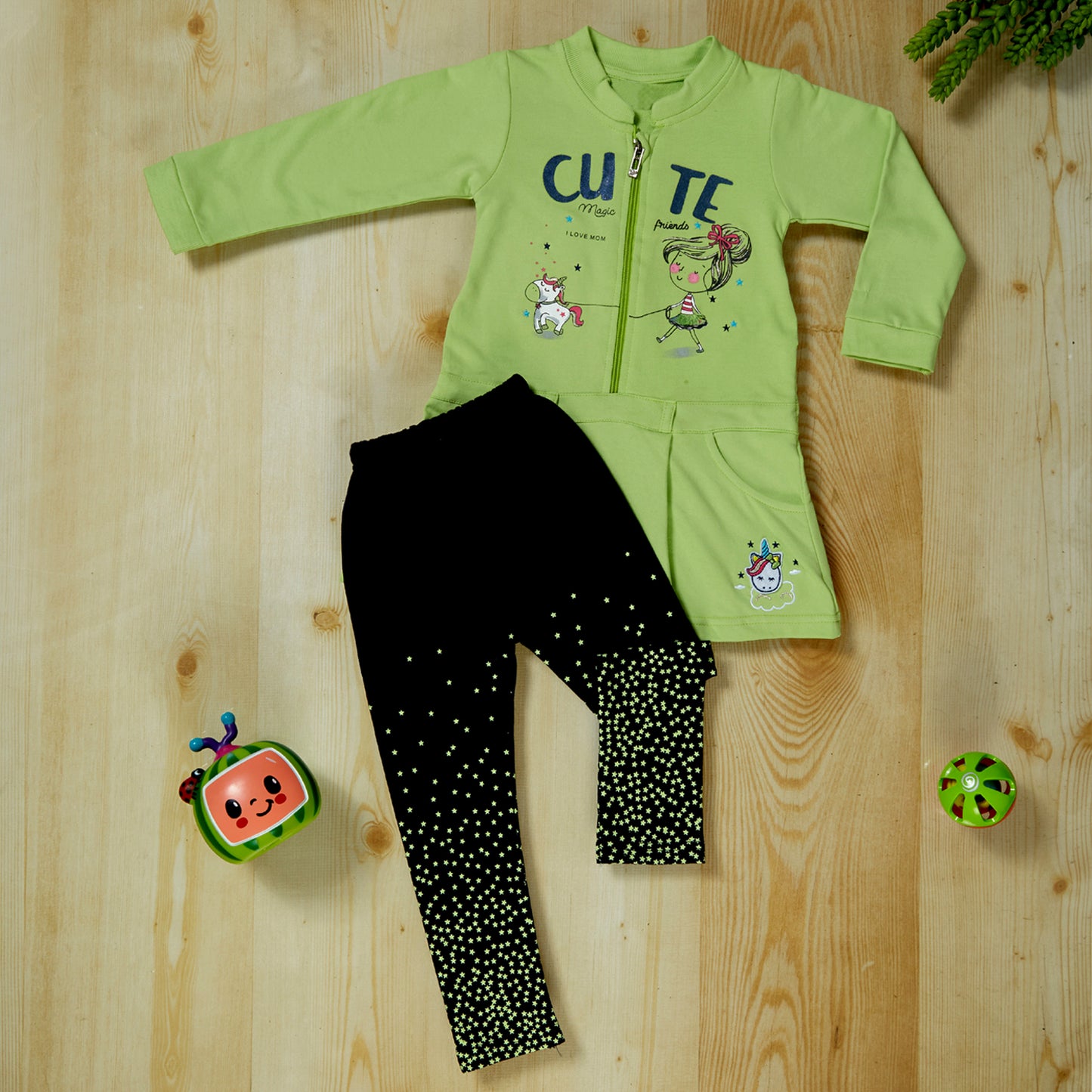 Green Cute Magic Dress and Stars design leggings set for girls