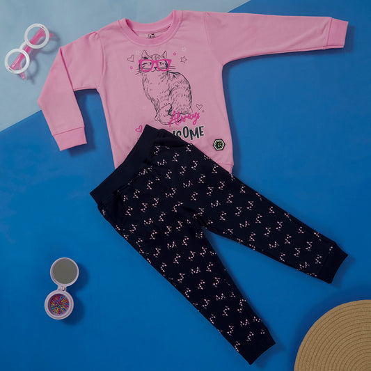 Pink Full Sleeve Cat Printed Tshirt and leggings set for girls