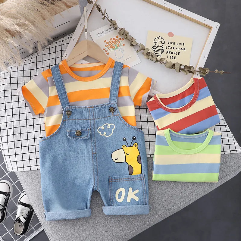 2pcs Baby Boy/Girl 95% Cotton Short-sleeve Striped Tee and Cartoon Giraffe Print Denim Overalls Orange Shorts Set