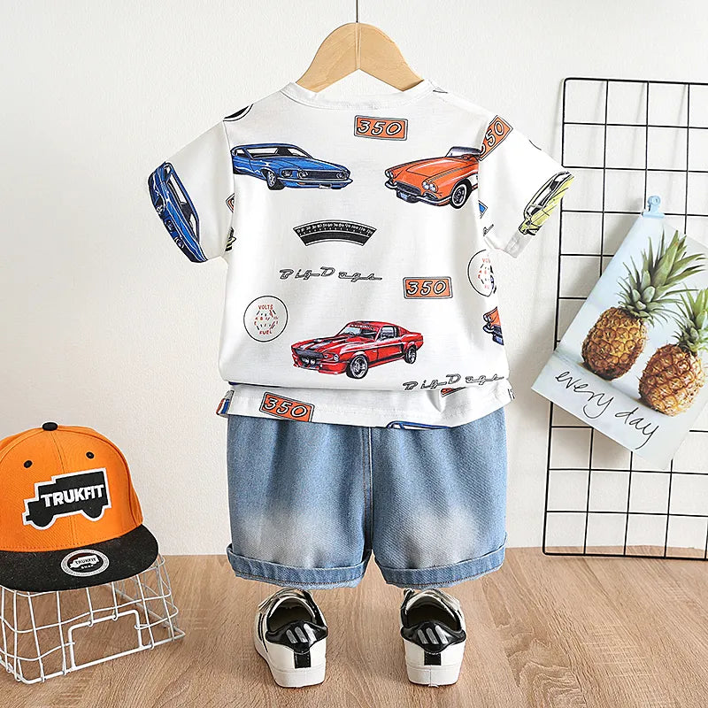 2pcs Toddler Boy Playful Denim and Vehicle Print Tee & Shorts Set