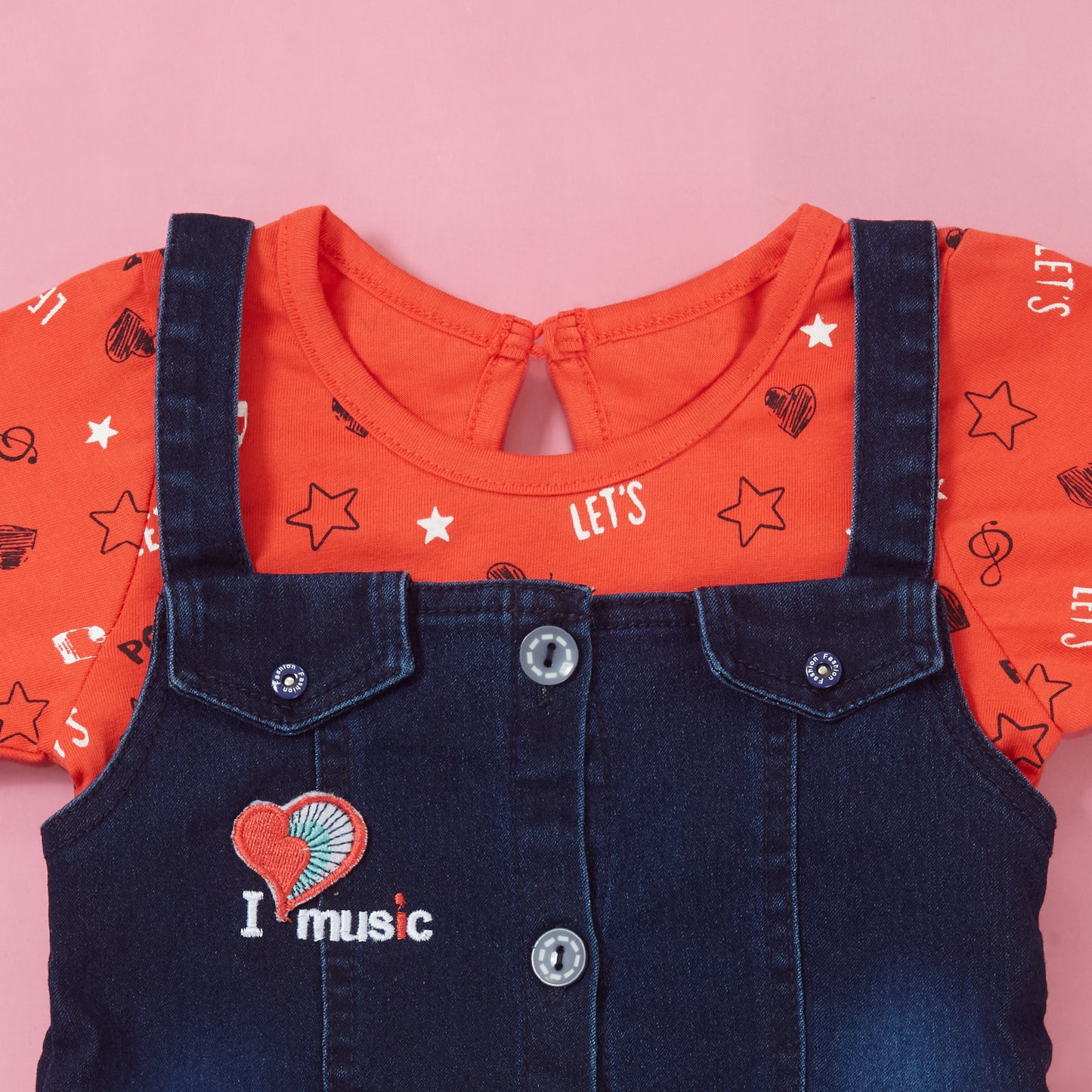 Denim I love music Dress with Red Printed Tshirt and leggings set for girls