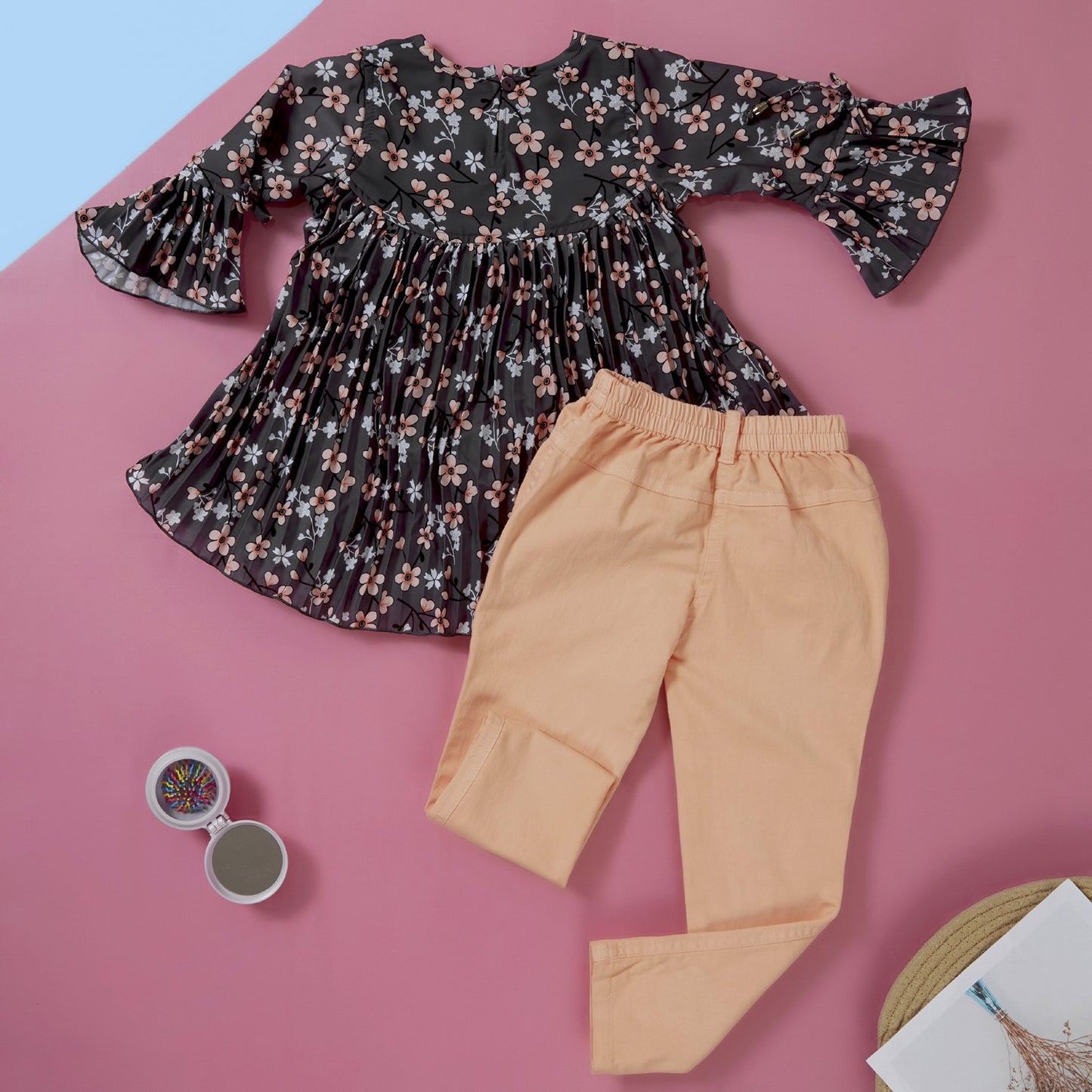 Floral Print Dark Grey Top and Orange Pant set for girls