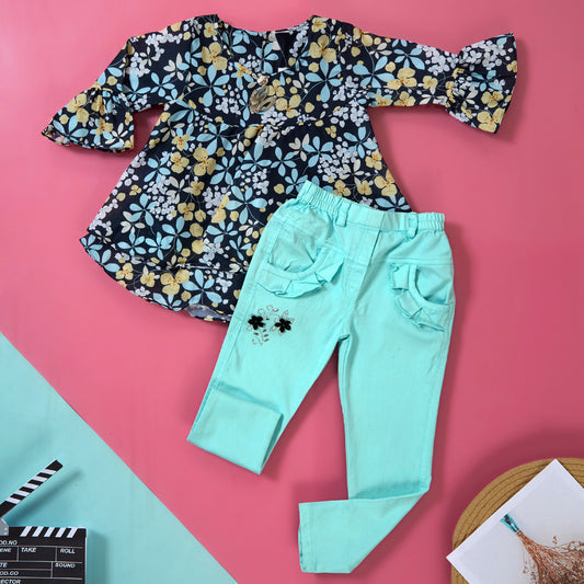 Floral Print Top and Turquoise Pant set for girls