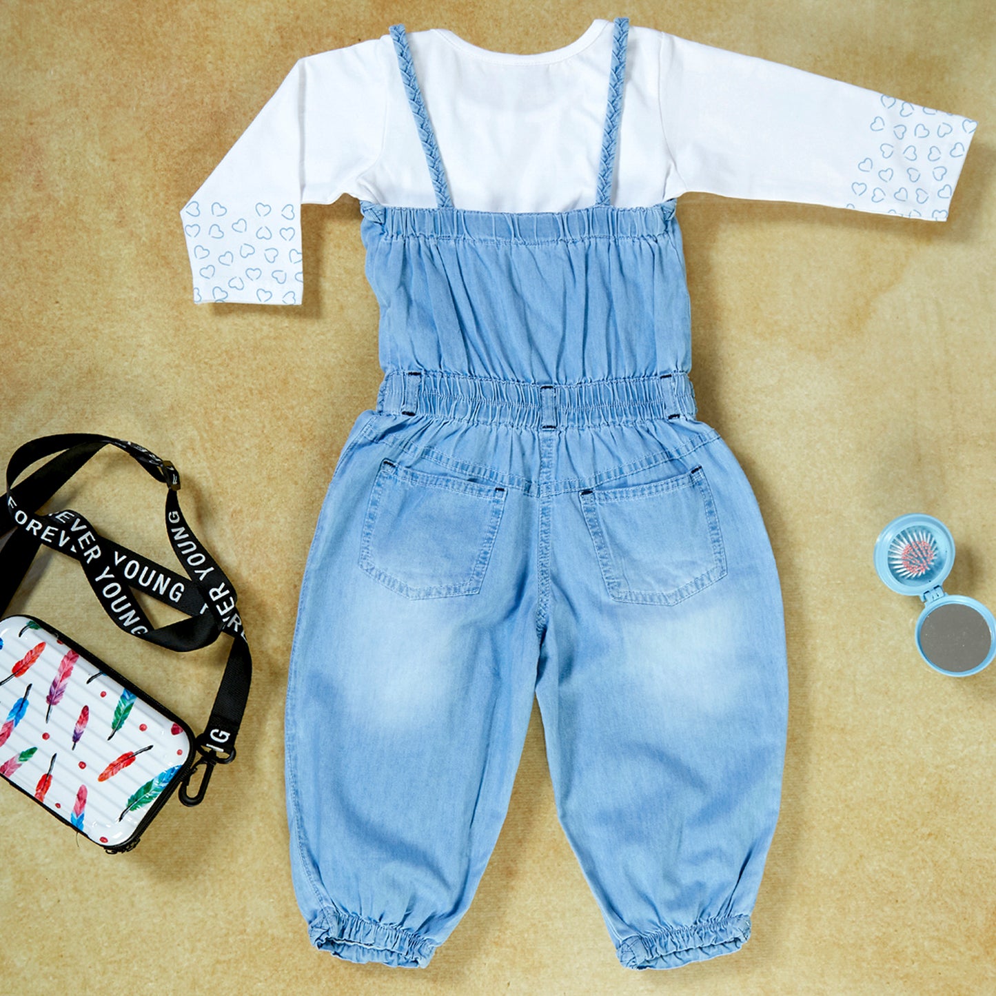 Denim tank top with pant and white tshirt for girls