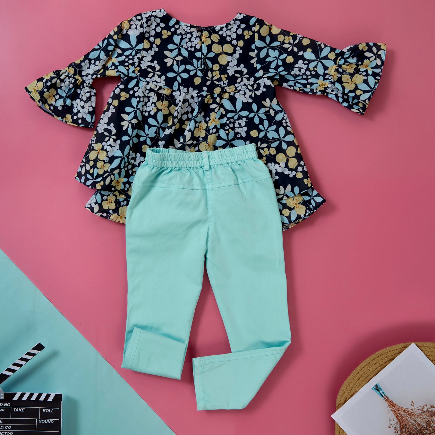 Floral Print Top and Turquoise Pant set for girls