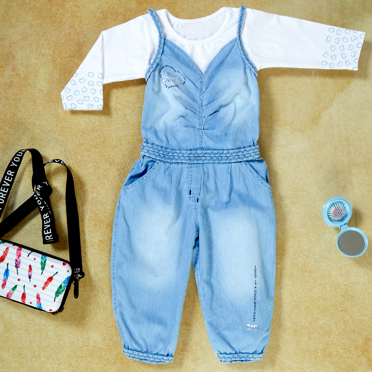 Denim tank top with pant and white tshirt for girls