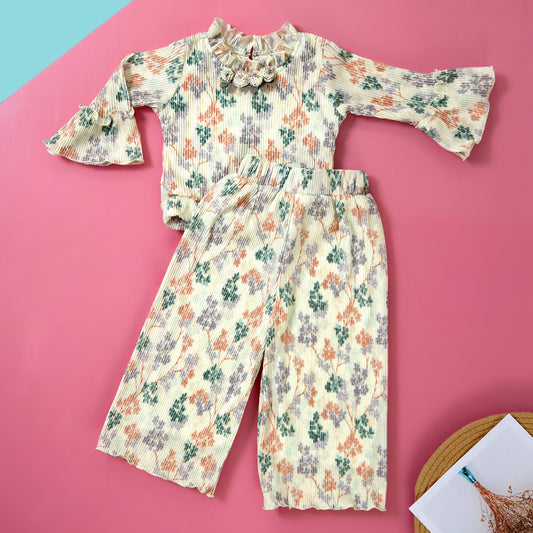 Off-white Floral Print Top and Pant co-ord set for girls