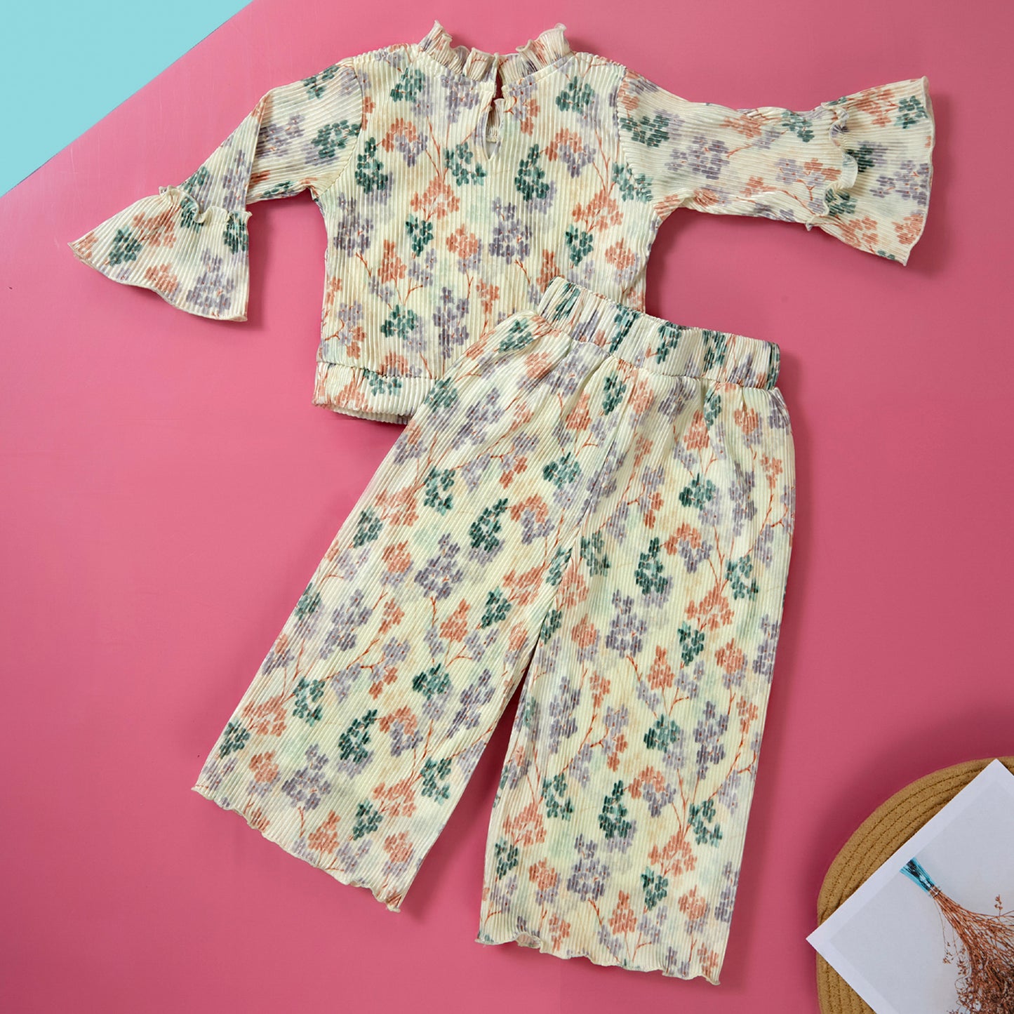 Off-white Floral Print Top and Pant co-ord set for girls