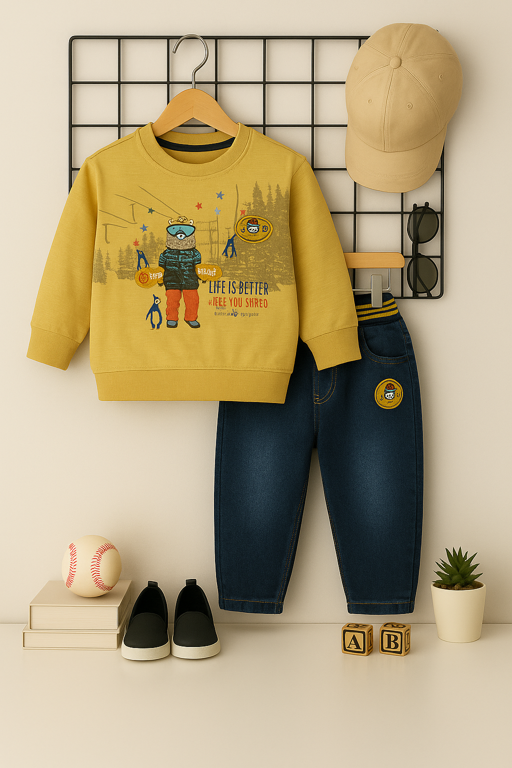 2Pcs Mustard Yellow Cute Bear Snowboarding Sporty printed Tshirt Jeans set for boys