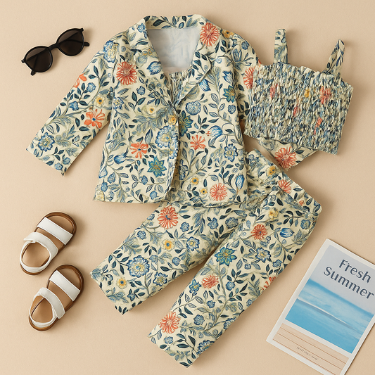 3 Pcs Creamy White Floral Print Coat with Tank Top and Palazzo Pants set with one button stylish overcoat for girls