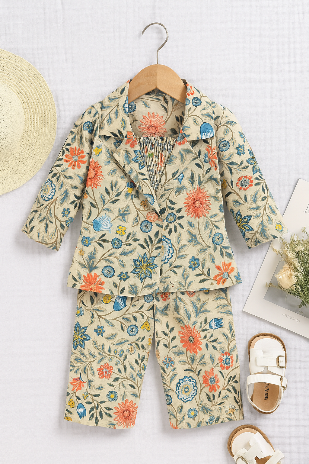3 Pcs Creamy White Floral Print Coat with Tank Top and Palazzo Pants set with one button stylish overcoat for girls