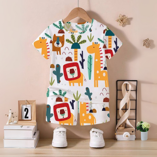 2pcs Baby Boy Cartoon Safari Print Short-sleeve T-shirt and Shorts Set