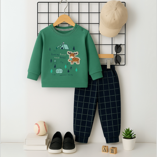 2Pcs Green Forest Printed Full Sleeves Tshirt Pant set for boys