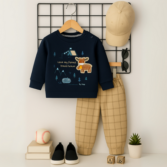 2Pcs Blue Forest Printed Full Sleeves Tshirt Pant set for boys