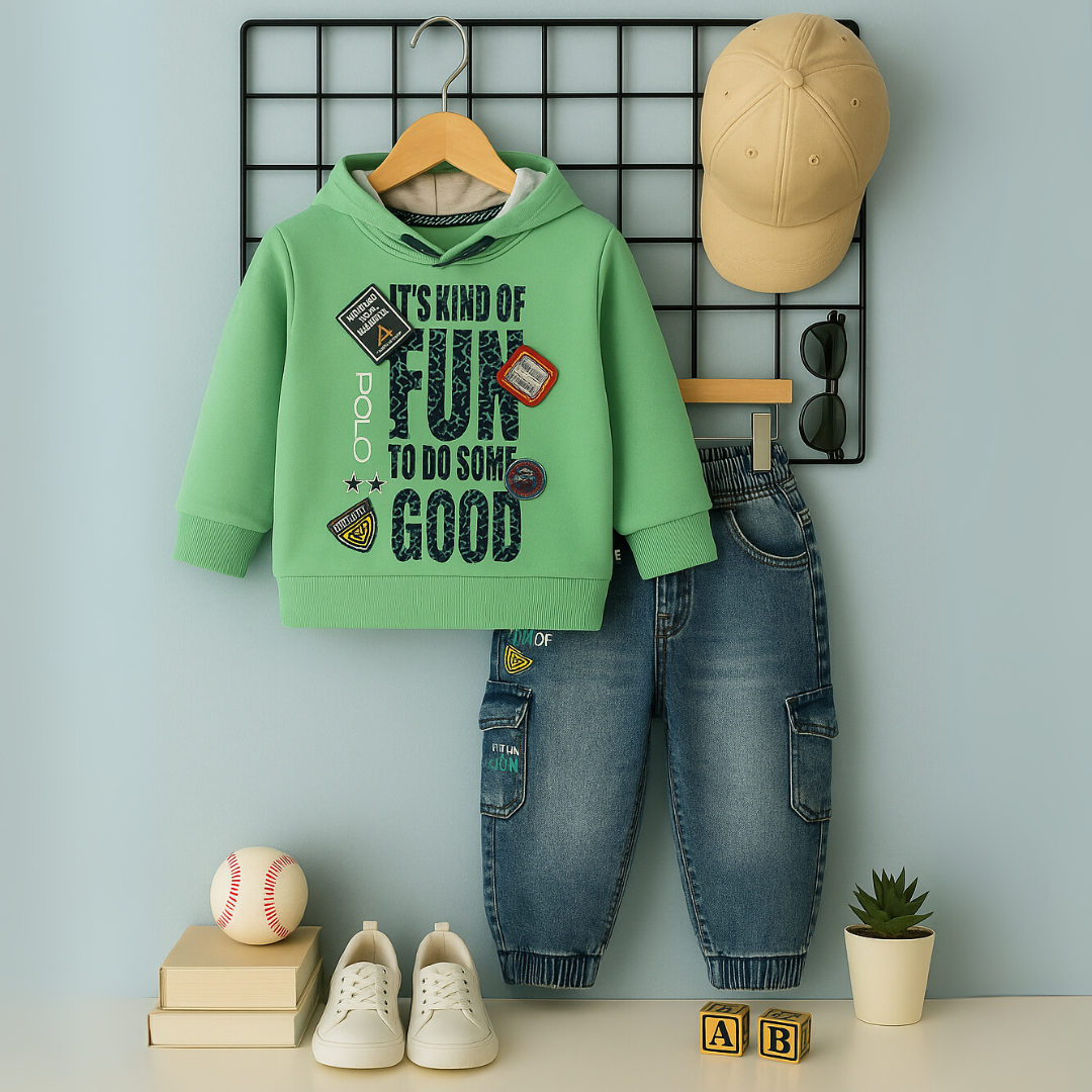 2Pcs Pure Cotton Fun to Do Good printed Green Hoodie & Jeans set for boys