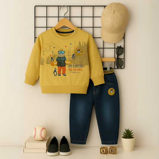 2Pcs Mustard Yellow Cute Bear Snowboarding Sporty printed Tshirt Jeans set for boys