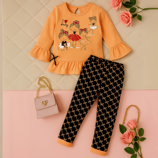 2Pcs Peach Full Sleeve I love Dancing Tshirt and Printed Leggings Set for girls