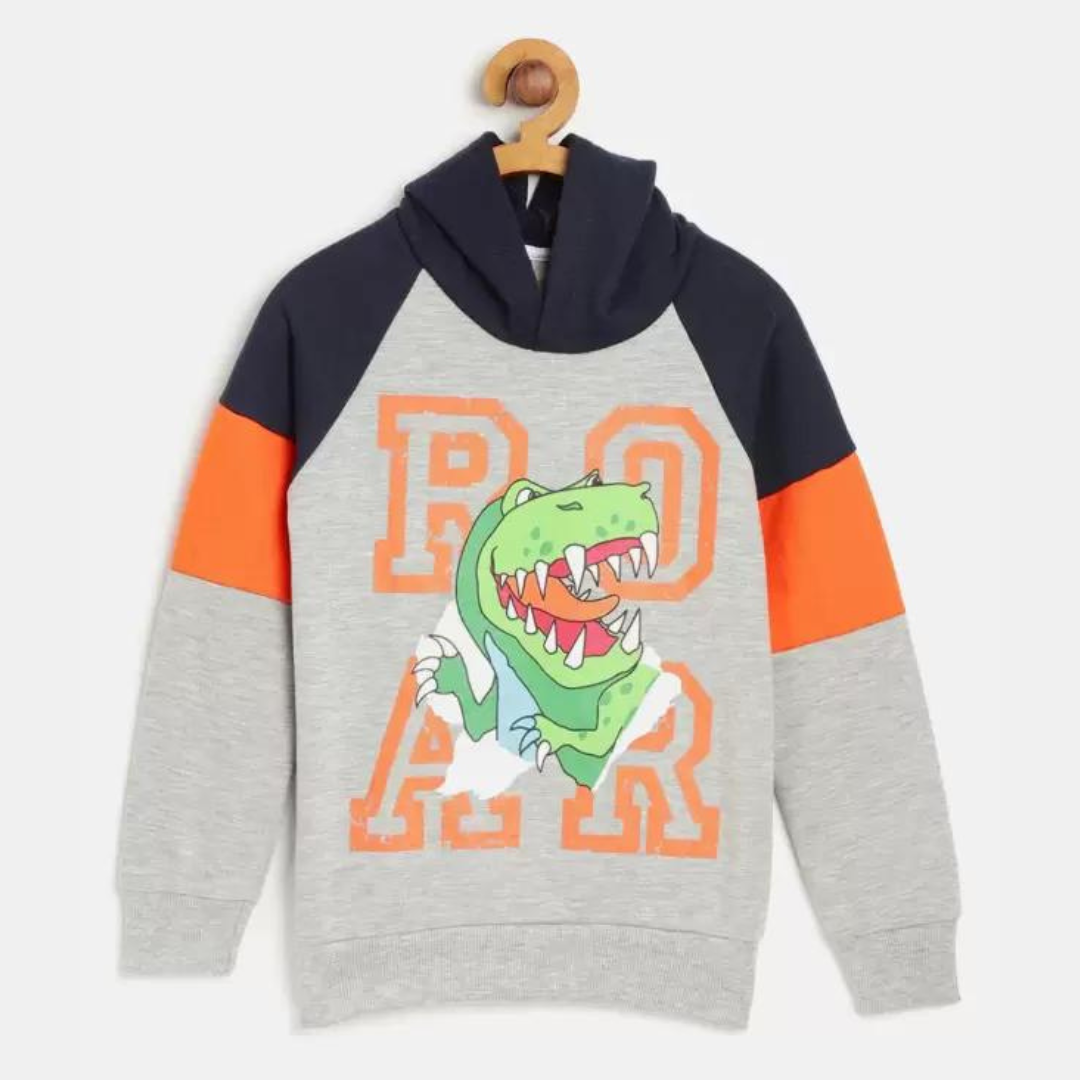 Toddler Boys Grey Melange Dinosaur Roar Printed Hooded Fleece Sweatshirt