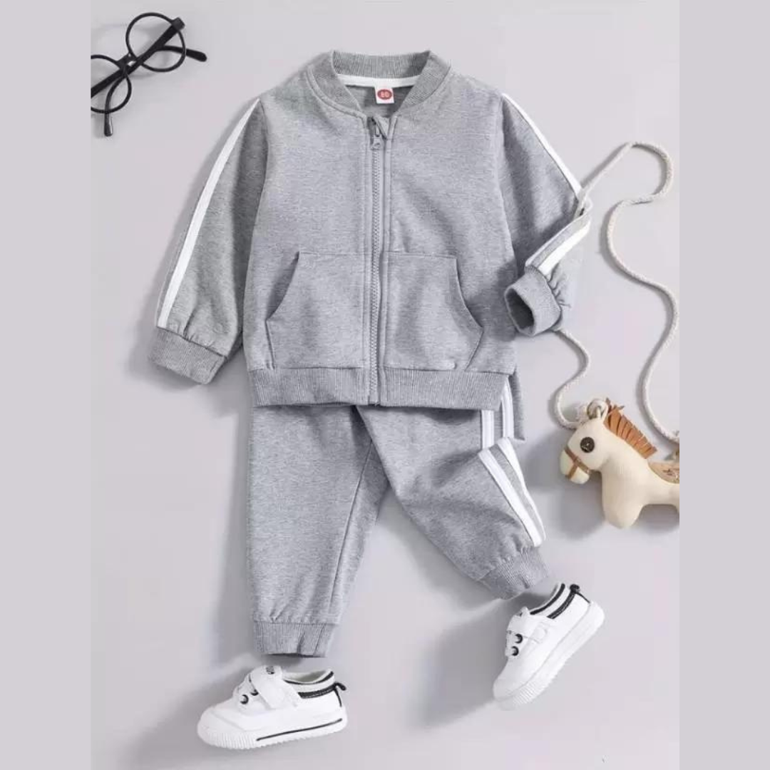 2pc Kid Boy Textured Single Color Striped Zipper Bomber Jacket and joggers Casual Set