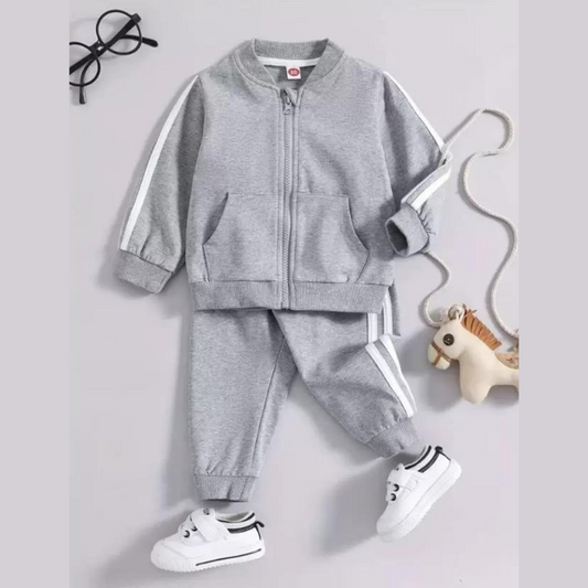 2pc Kid Boy Textured Single Color Striped Zipper Bomber Jacket and joggers Casual Set