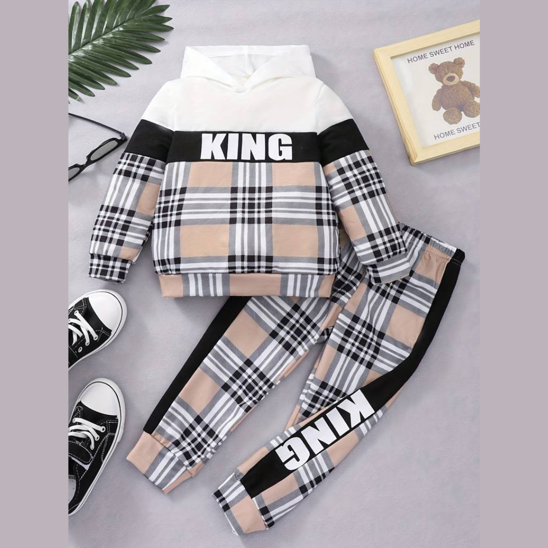 2pcs Boy's Plaid Pattern Stitching Outfit, KING Print Hoodie & Sweatpants Set