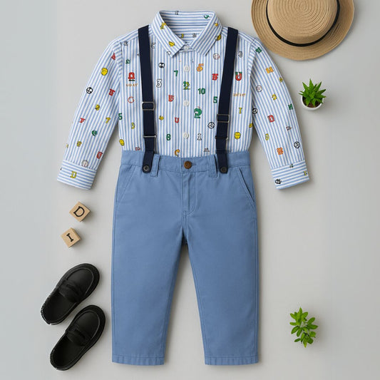 2Pcs Blue suspender set with sports print shirt and pant for boys