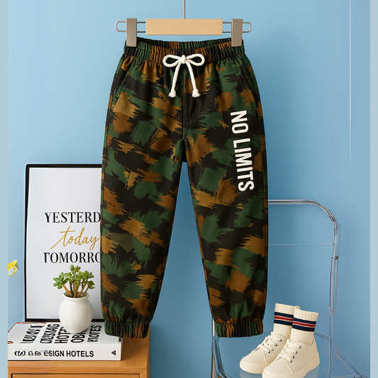Boy/Girl Army Green Camouflage print Cotton Full Length Joggers
