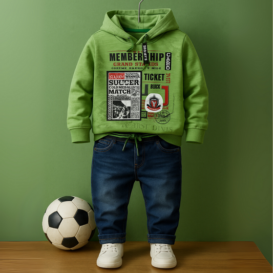 2Pcs Green Sporty Membership Hoodie Jeans set for boys