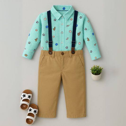 2Pcs Green suspender set with sports print shirt and pant for boys