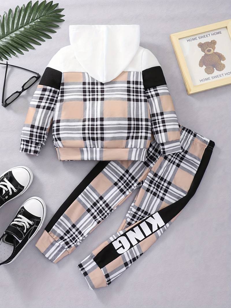 2pcs Boy's Plaid Pattern Stitching Outfit, KING Print Hoodie & Sweatpants Set